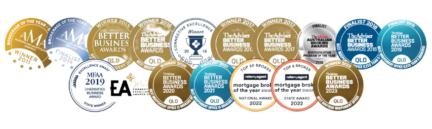 A bunch of awards are lined up in a row on a white background.