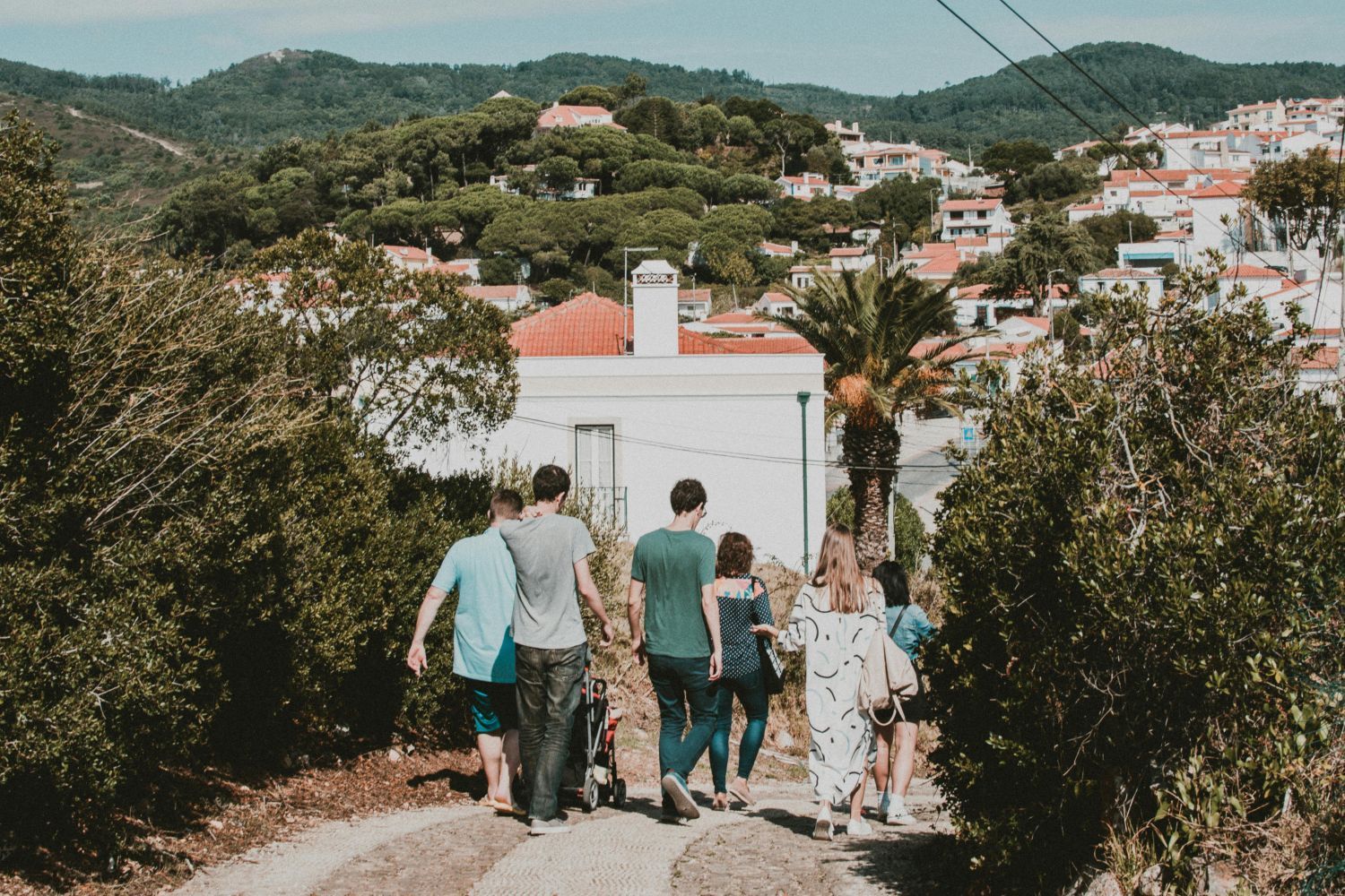 A family walking down a hill towards suburban houses.