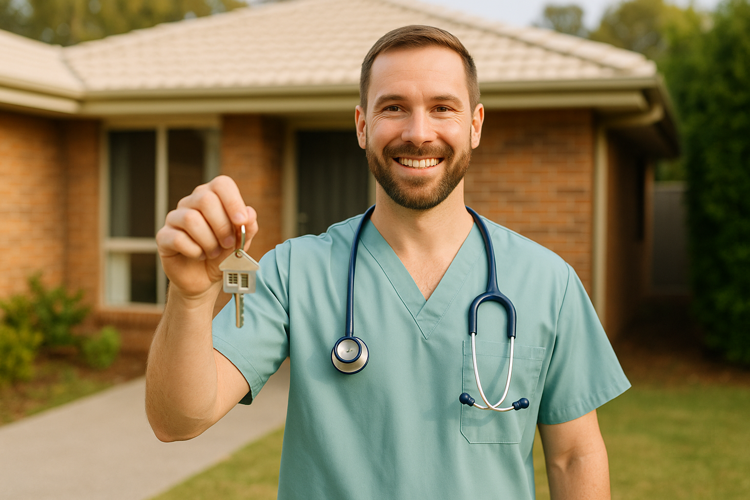 Smiling vet in scrubs holding house keys or standing in front of a modest Logan-style brick home.