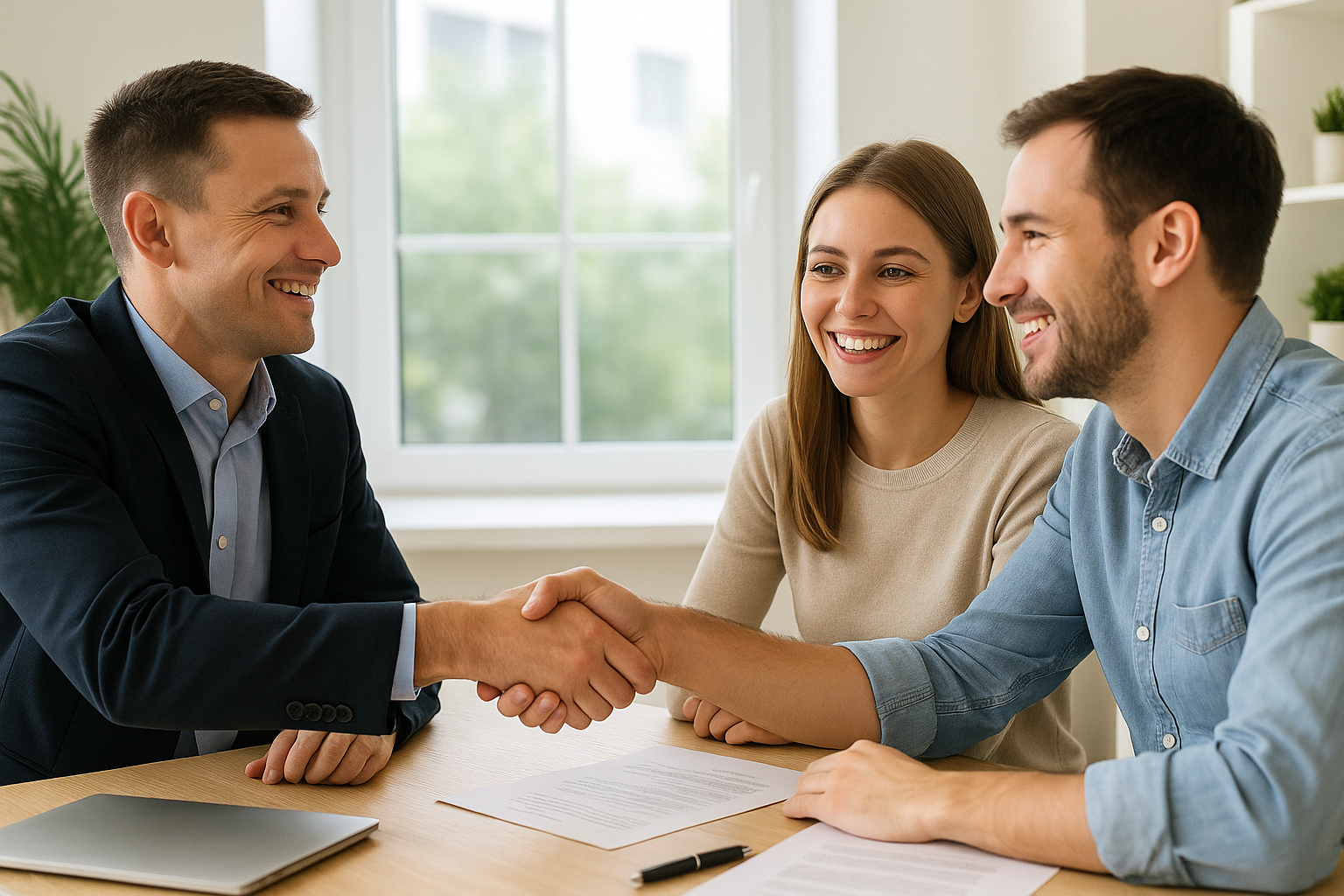 Mortgage broker shaking hands with clients in a bright office.