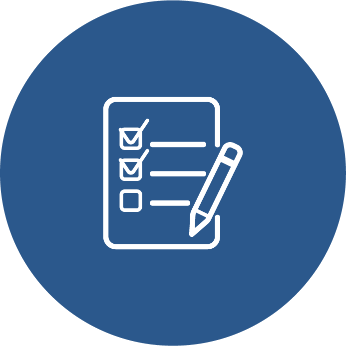 Checklist with two boxes checked and pencil on blue circle.