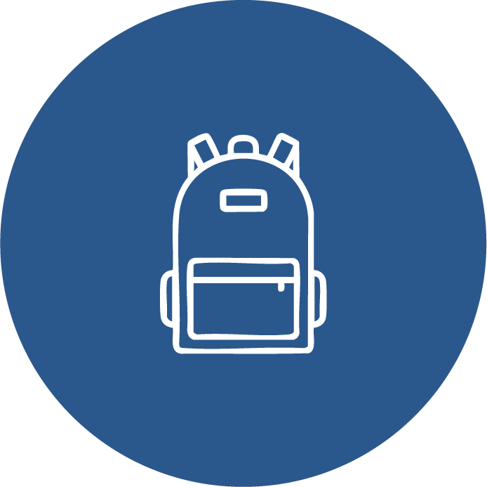 White outline of backpack on a blue circle.