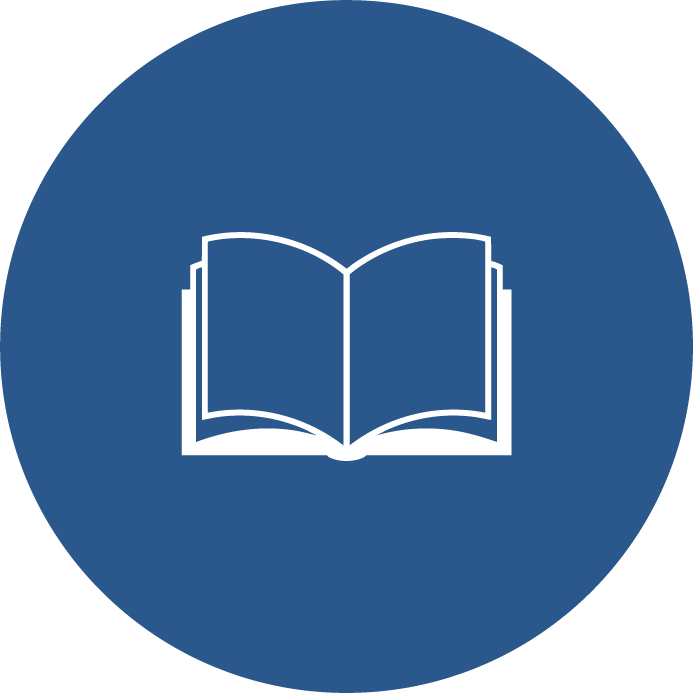 Open book icon, white on blue background.