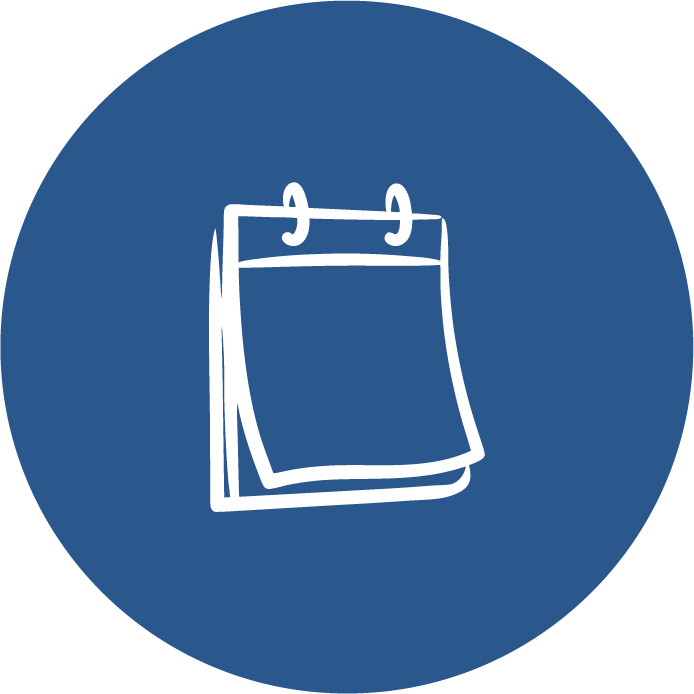 White outline of a calendar on a blue background.