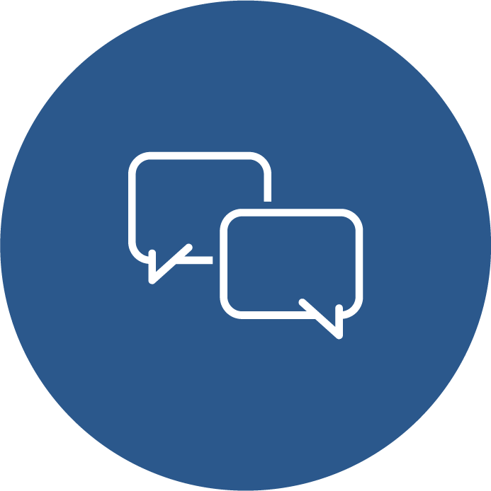 Two white speech bubbles on a blue background, indicating conversation or chat.