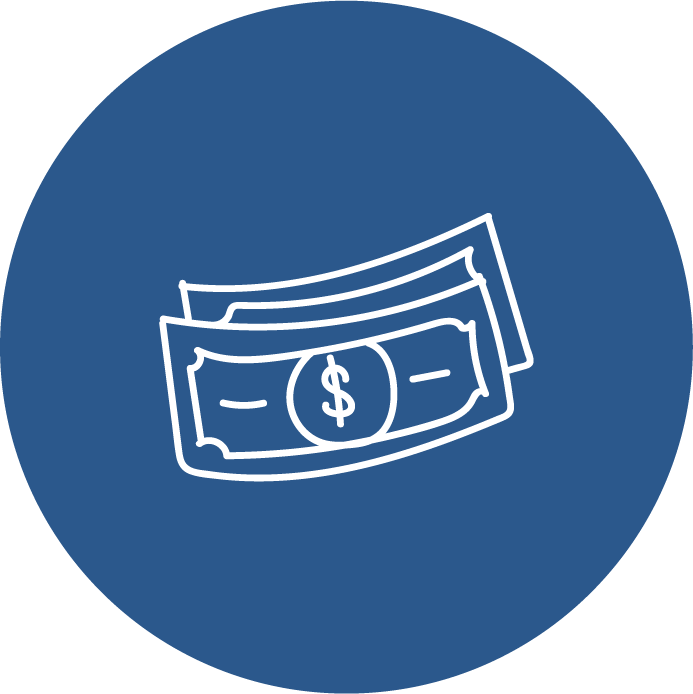 White line art of cash bills on a blue background.