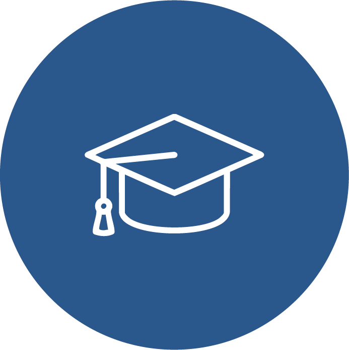 White outline of a graduation cap against a blue circular background.