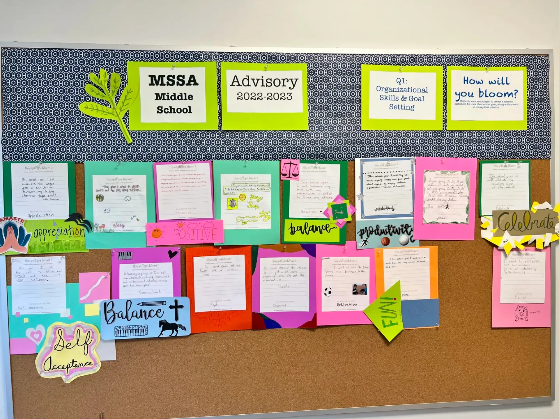 Corkboard with colorful notes and titles, including 