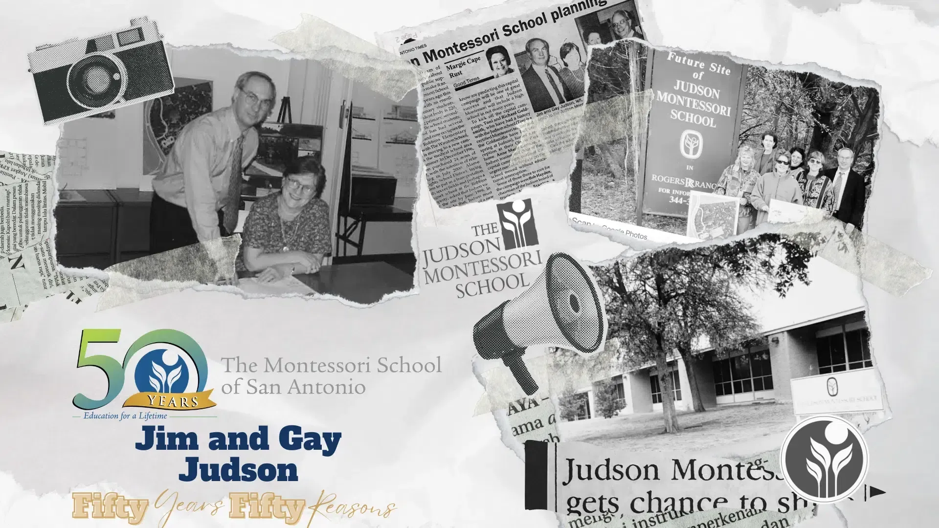 Montage celebrating The Montessori School of San Antonio's 50th anniversary. Includes photos and newspaper clippings.