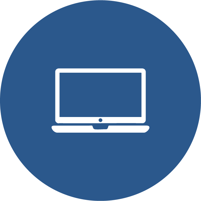 White laptop icon inside a blue circle.
