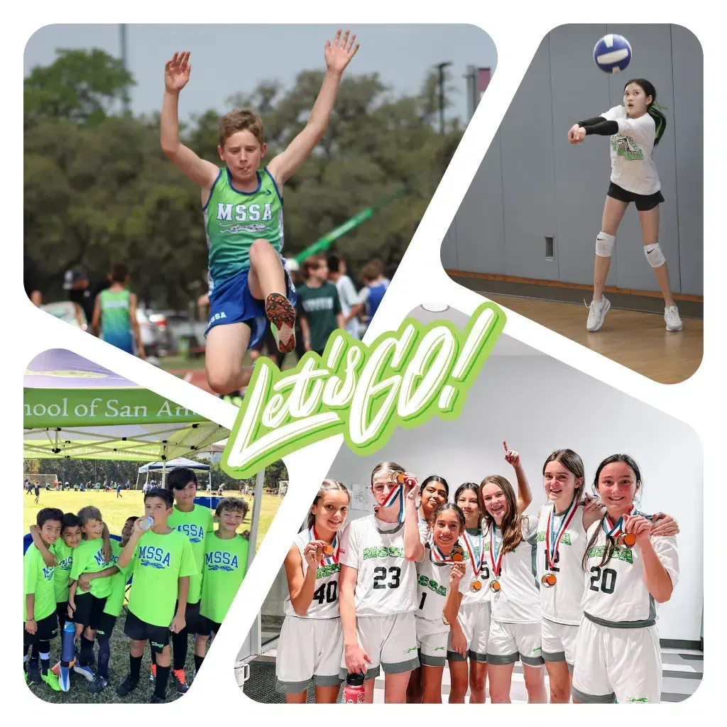 Athletes in green uniforms participating in various sports, including track, volleyball, and soccer, with