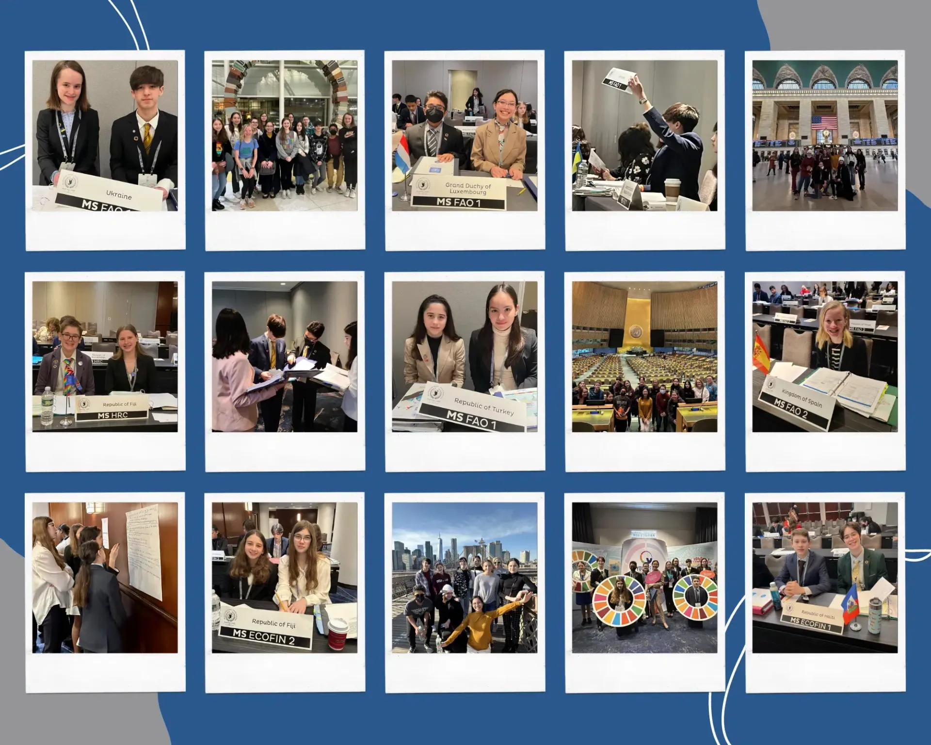 Polaroid-style photos of a conference: People at tables, in groups, and at an event in a large room.