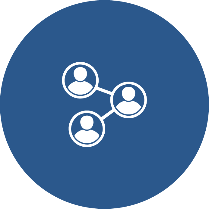 Three people icons connected by lines, in a blue circle.