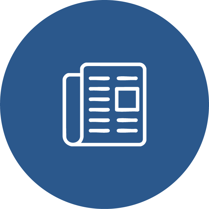 White newspaper icon on a blue background.