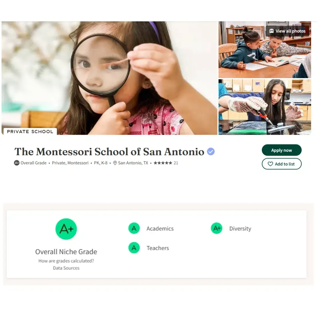 Child using a magnifying glass. Montessori school ad. Includes student activities and school ratings.