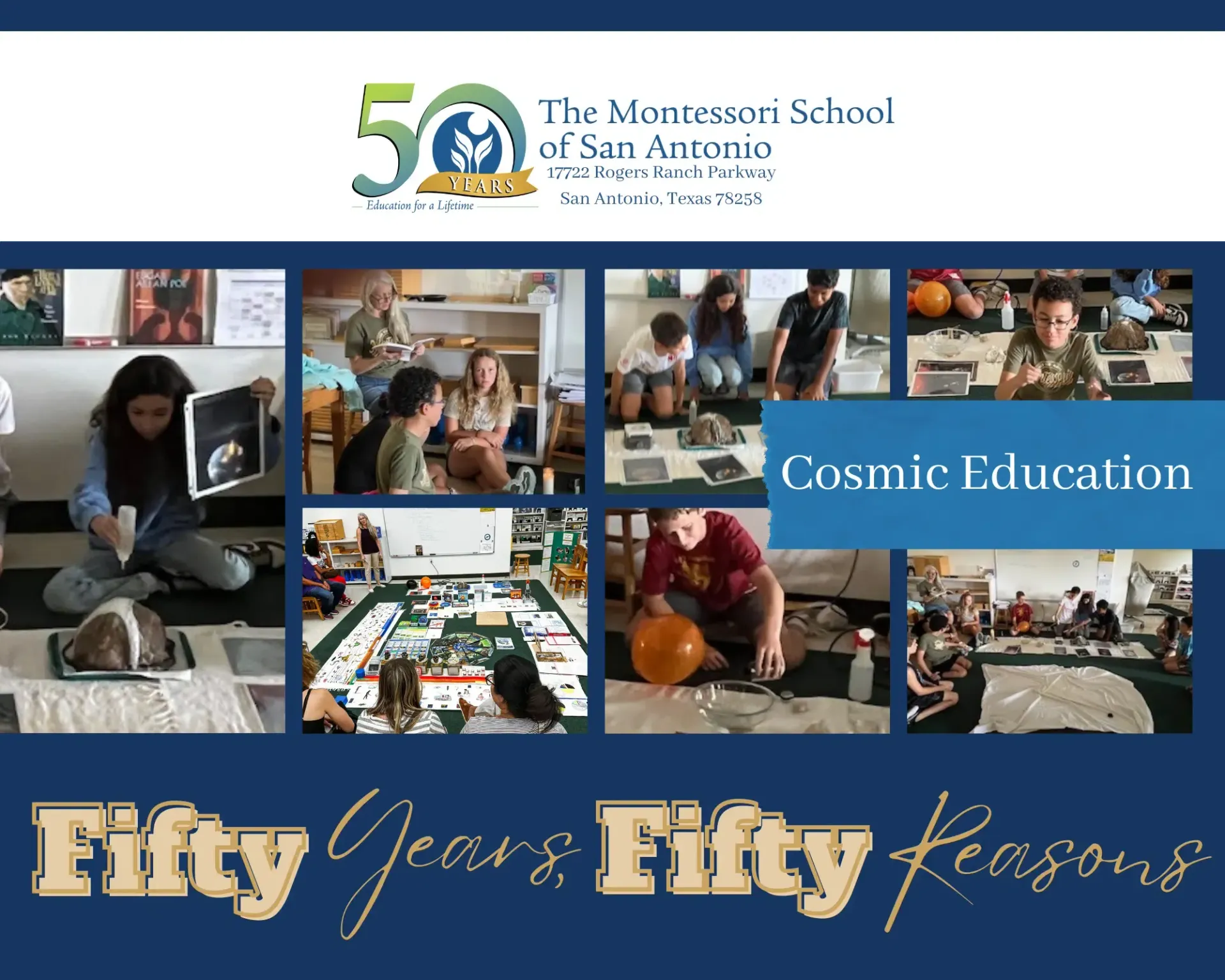 Collage of Montessori School students engaging in Cosmic Education. Dark blue background.