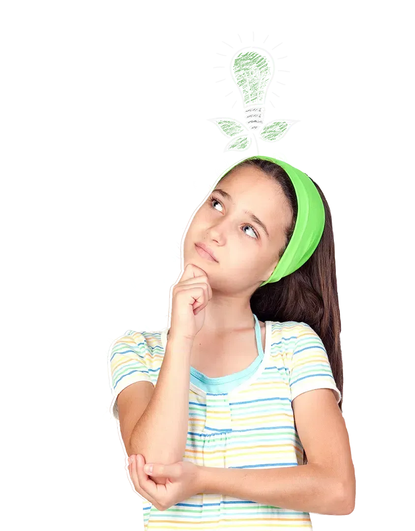 Girl looking up, hand on chin, thinking, green lightbulb above head.