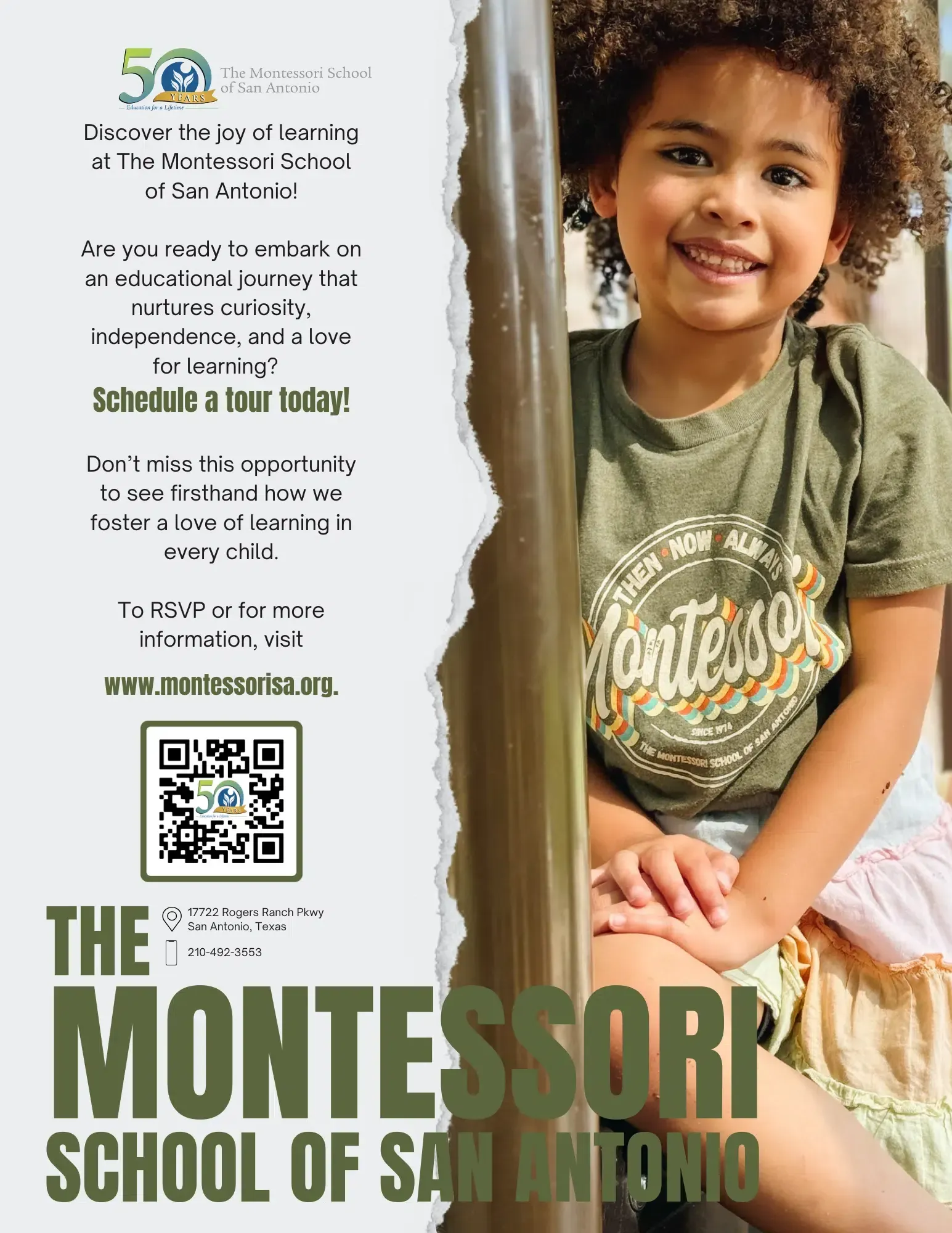 Young child smiling, partially behind a railing, promoting The Montessori School of San Antonio; includes text and QR code.