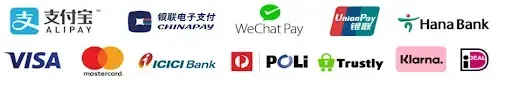 Logos of various payment methods: Alipay, UnionPay, WeChat Pay, Discover, HanaBank, Visa, Mastercard, ICICI Bank, POLi, Trustly, Klarna, and Diners Club.