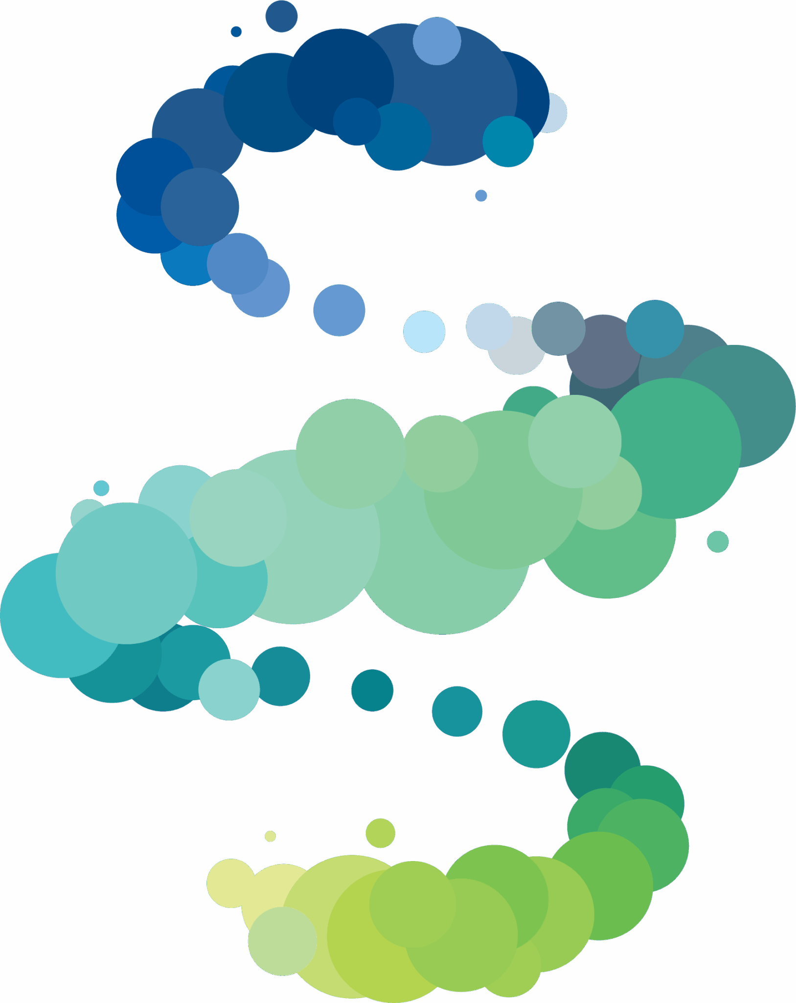 Spiral of colorful circles, ranging from blue to green.