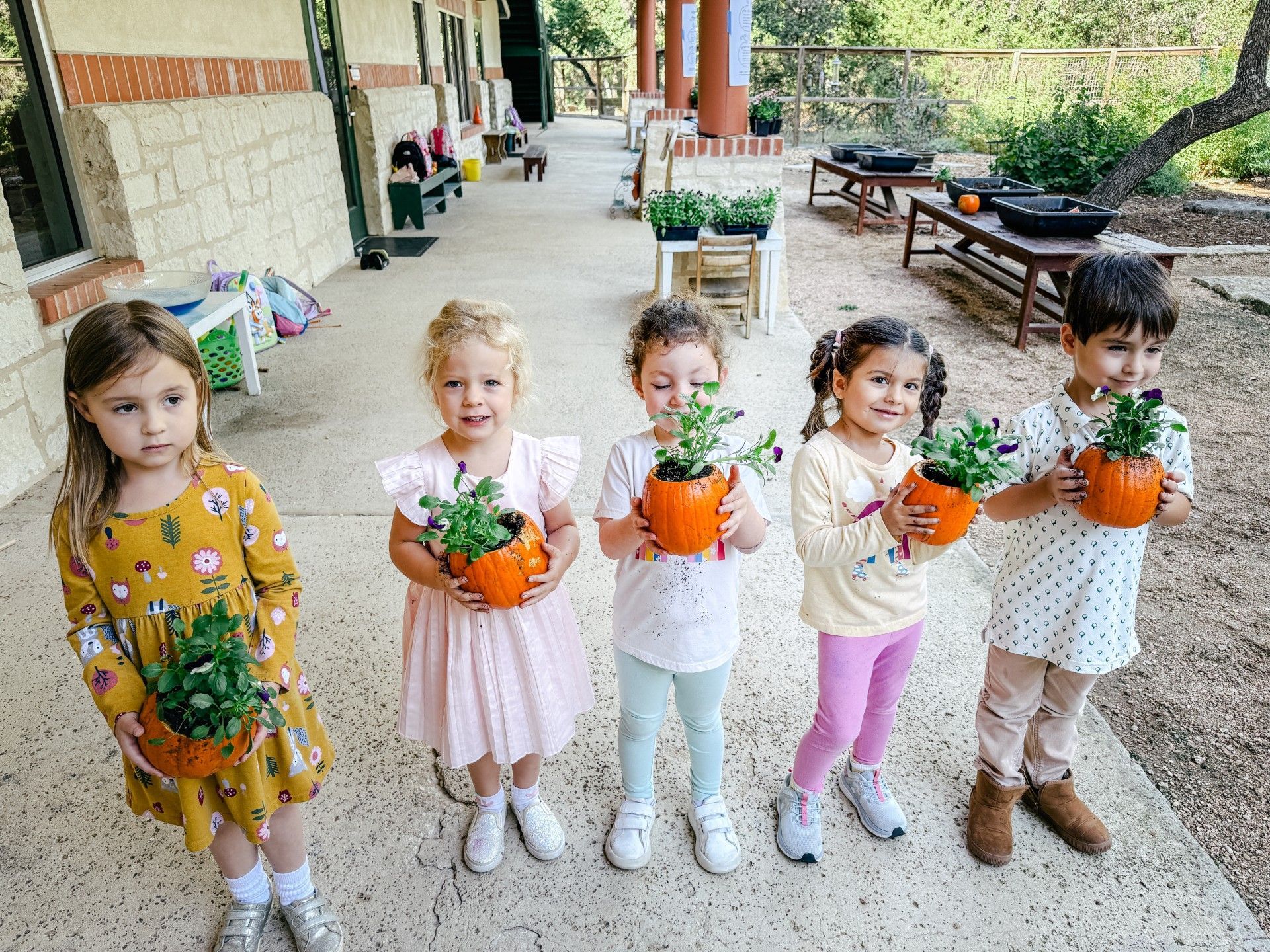 5 children standing outside next to each other holding a small pumpkin that has been planted with a flower.