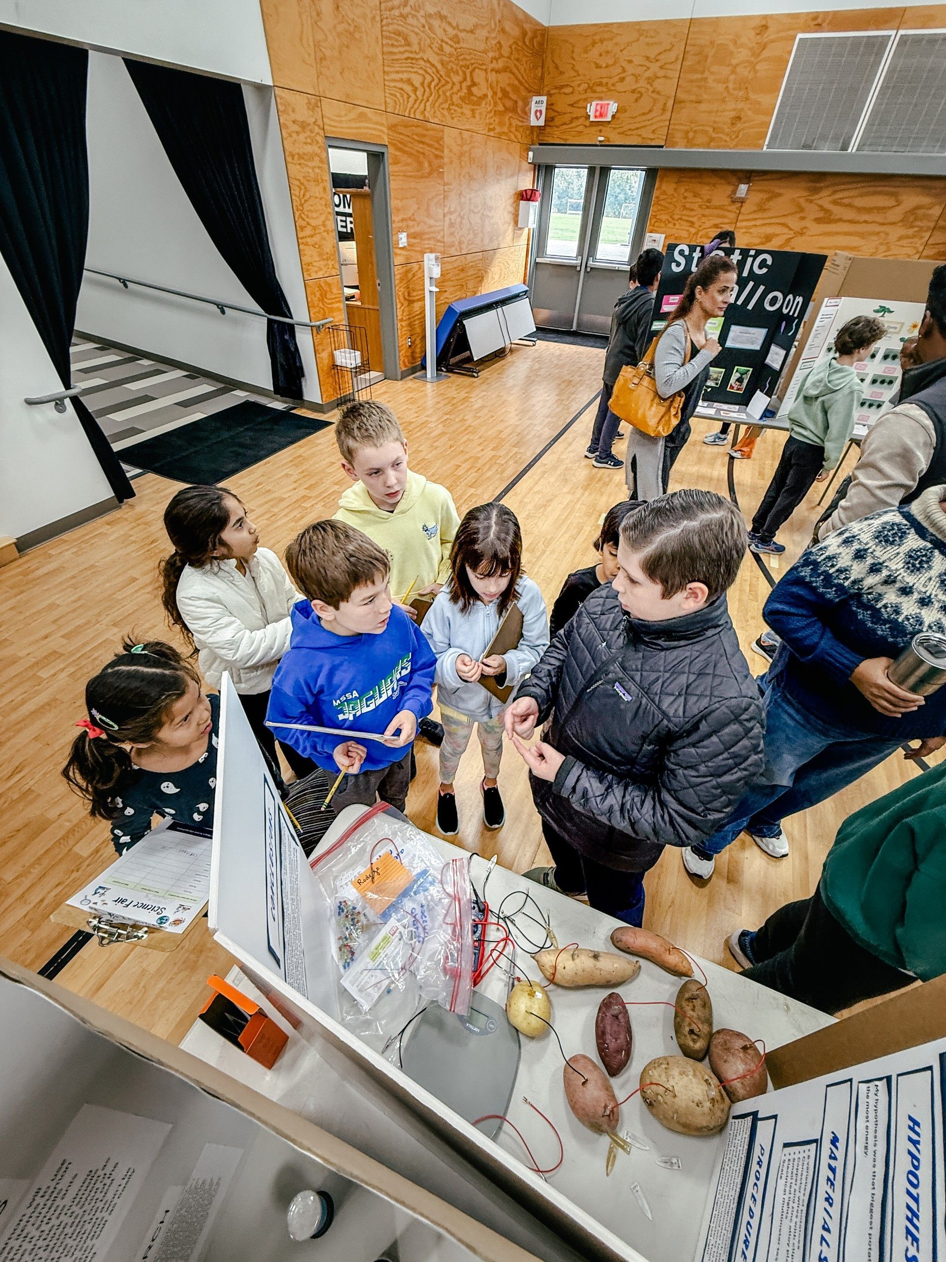 A boy presenting a science fair project to lower elementary students.