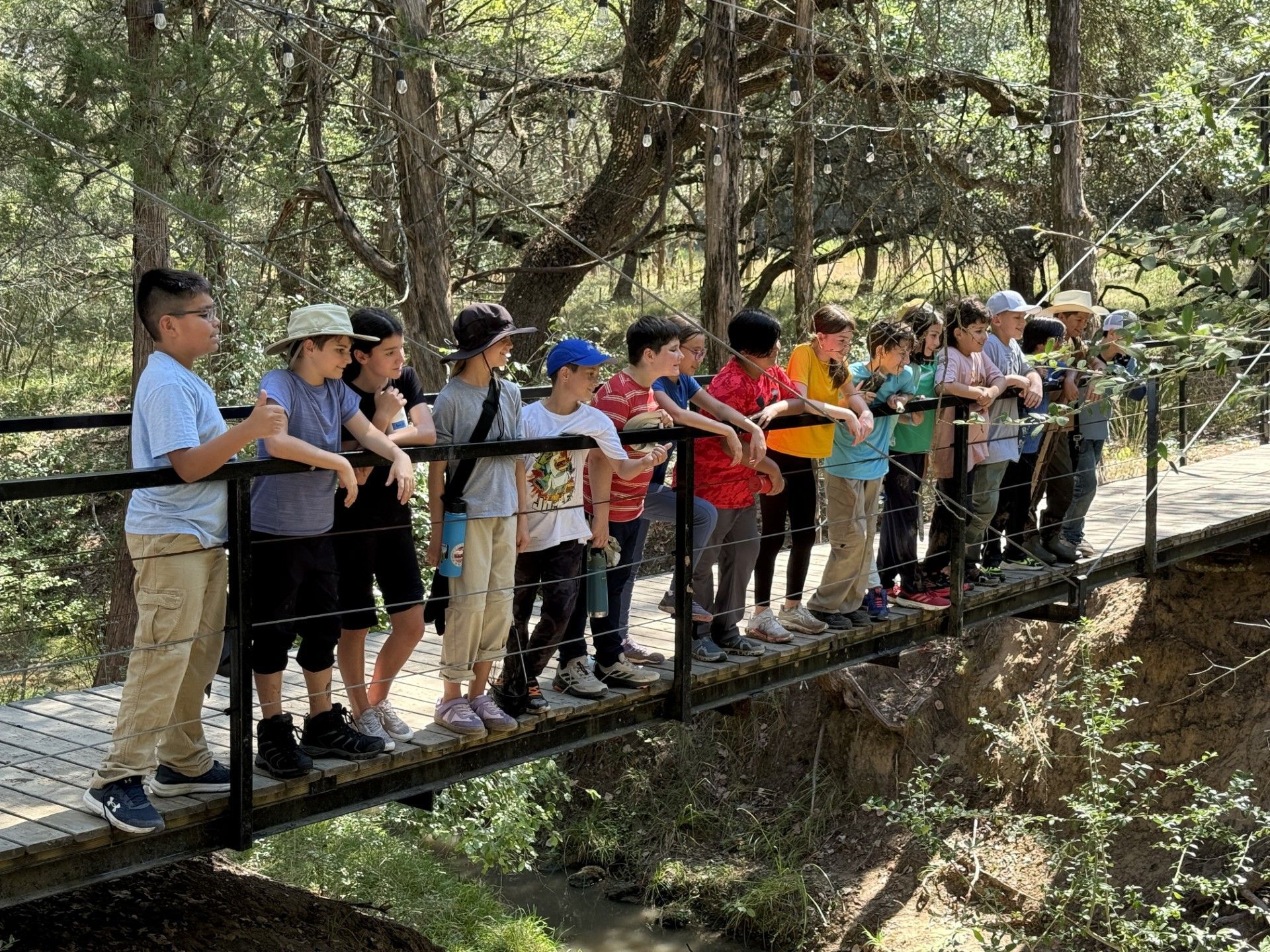 Students on a bridge looking over at a creek.