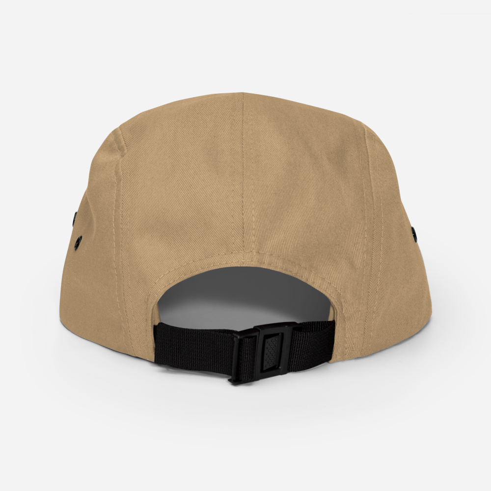 A khaki-colored 5-panle hat with an embroidered logo on front