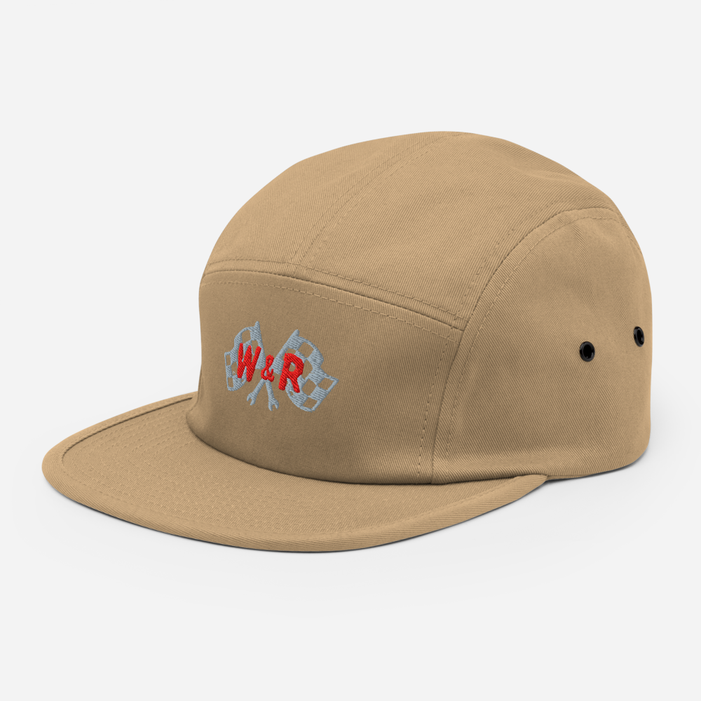 A khaki-colored 5-panle hat with an embroidered logo on front