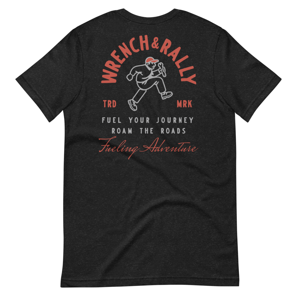 A black t-shirt that says wrench & rally on the back