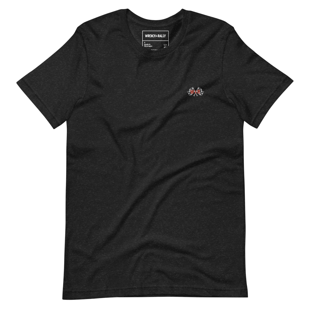 A black t-shirt that says wrench & rally on the back