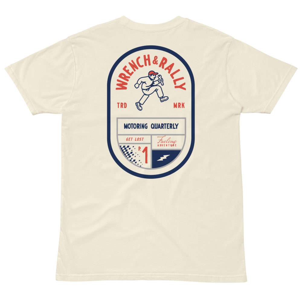 A t-shirt that says wrench & rally on the back