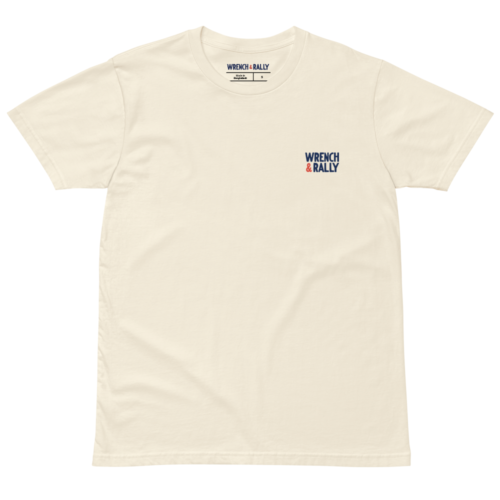 A t-shirt that says wrench & rally on the back