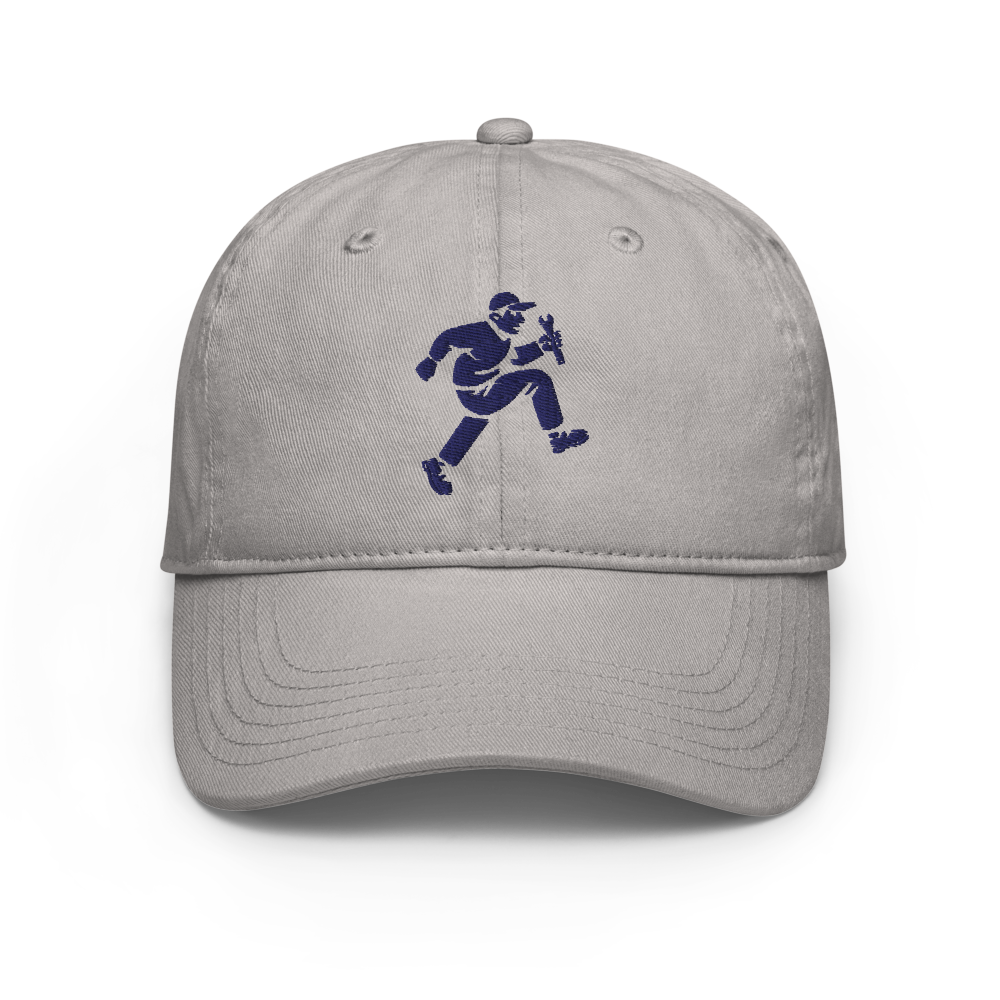 A baseball cap with a man running on it