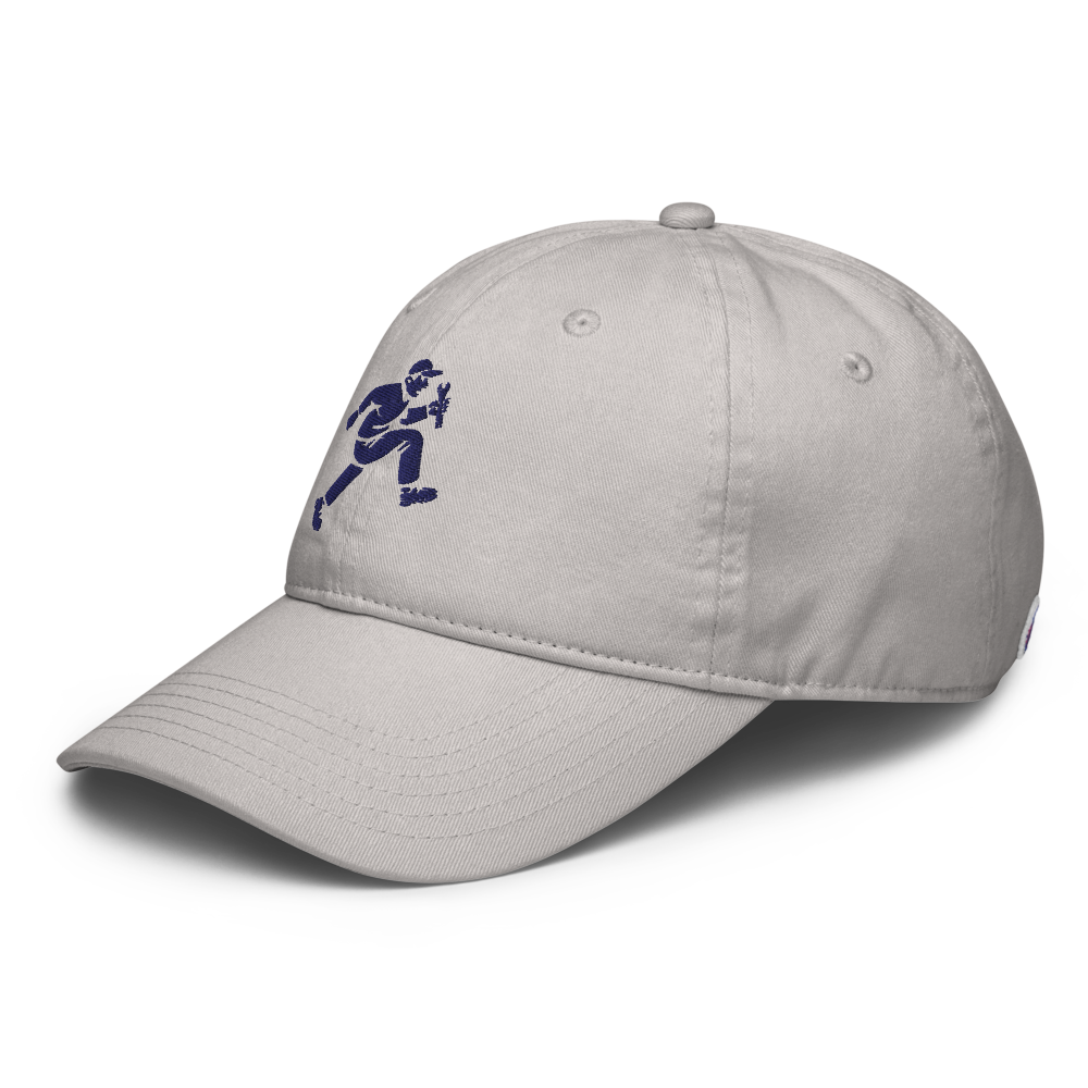 A baseball cap with a man running on it
