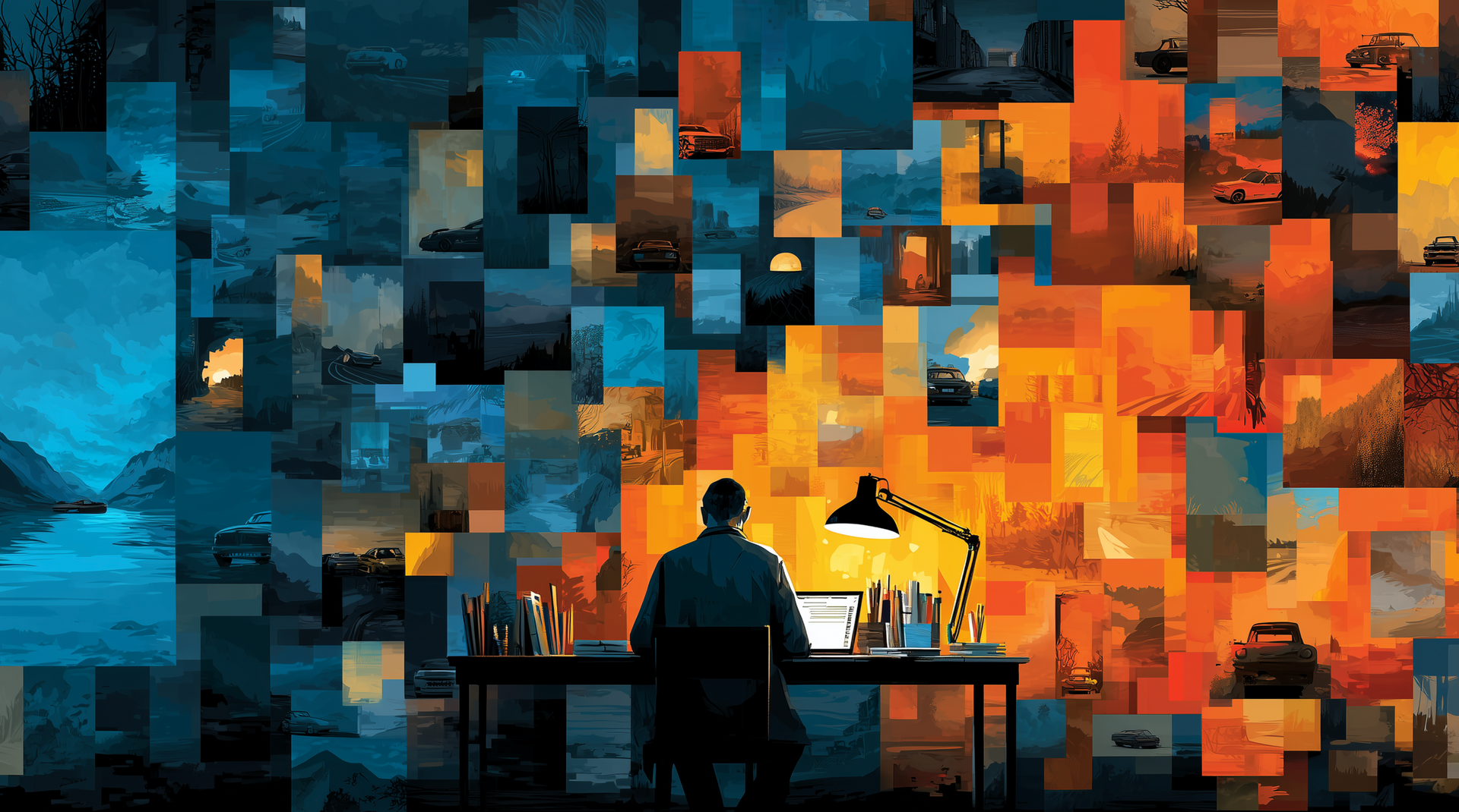 Person at desk, backlit by lamp, surrounded by photo mosaic of blue and orange landscapes.
