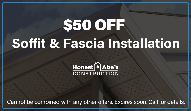 A coupon for $ 50 off soffit and fascia installation