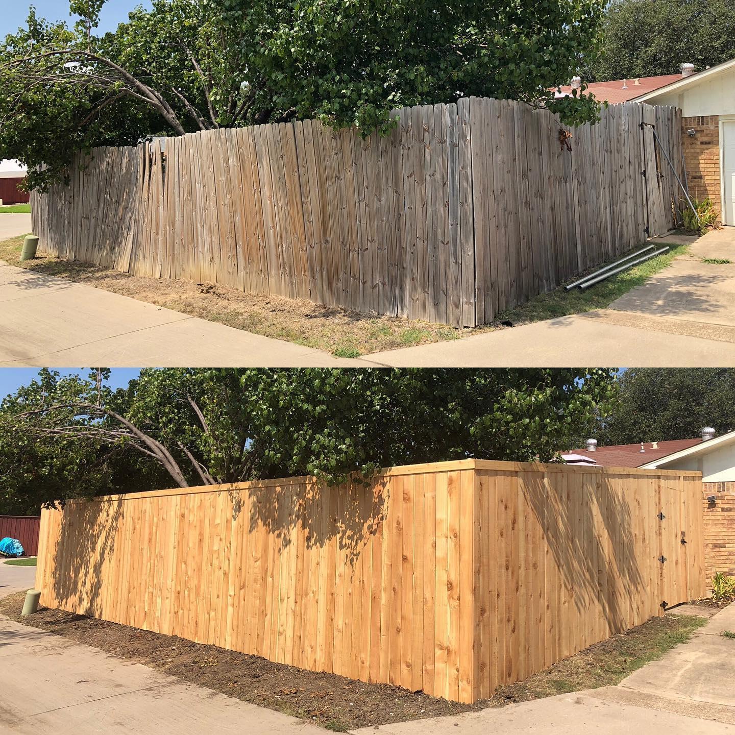 A before and after picture of a wooden fence.