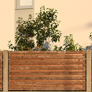A wooden fence with plants growing out of it