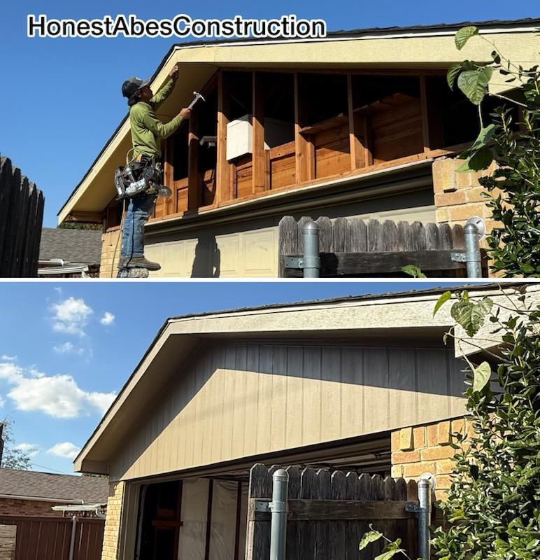Construction worker paints a home's exterior trim. Top: unfinished wood; Bottom: finished beige siding and trim.