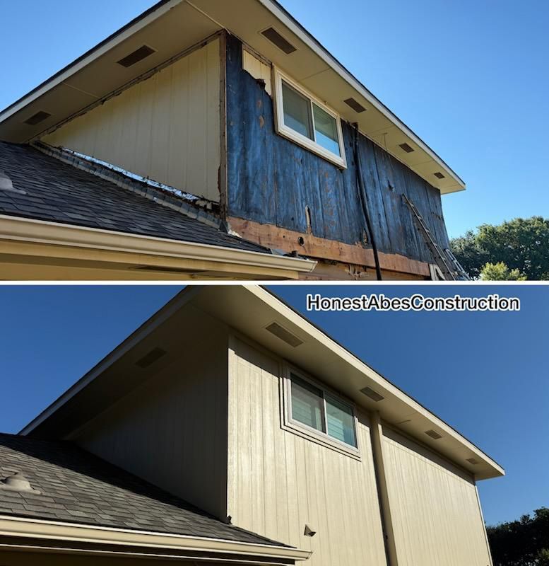 Before-and-after of house siding repair. Top: dark, damaged siding. Bottom: new beige siding with white trim.
