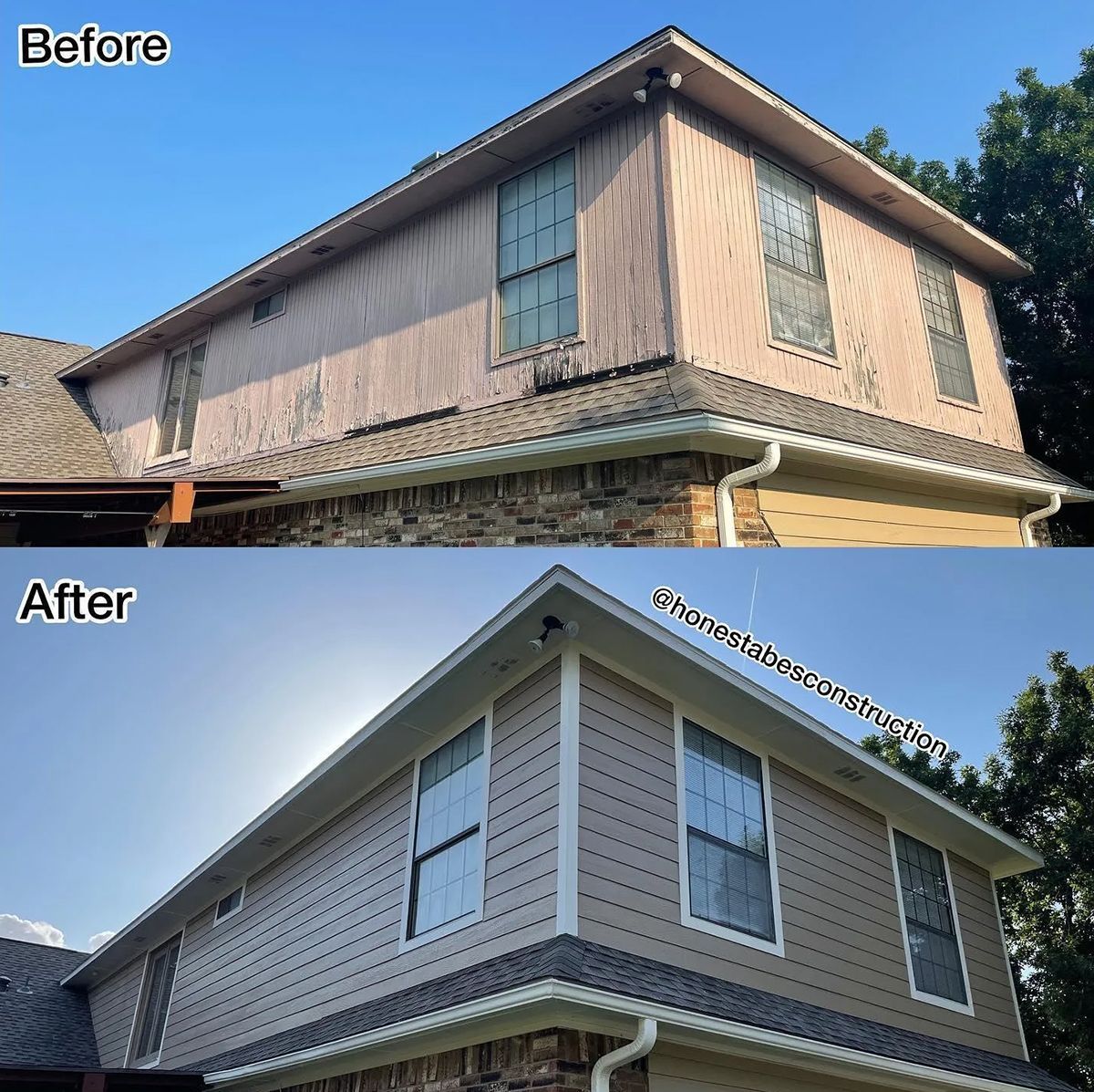 Two-story house exterior renovation. Before photo shows weathered pink siding; after shows new tan siding with white trim.
