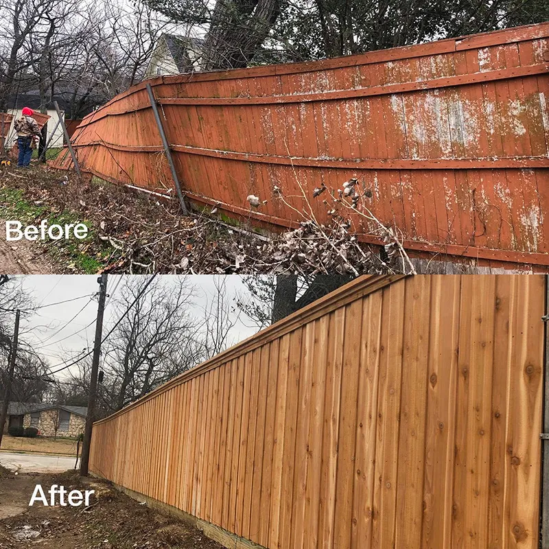 A before and after photo of a wooden fence.