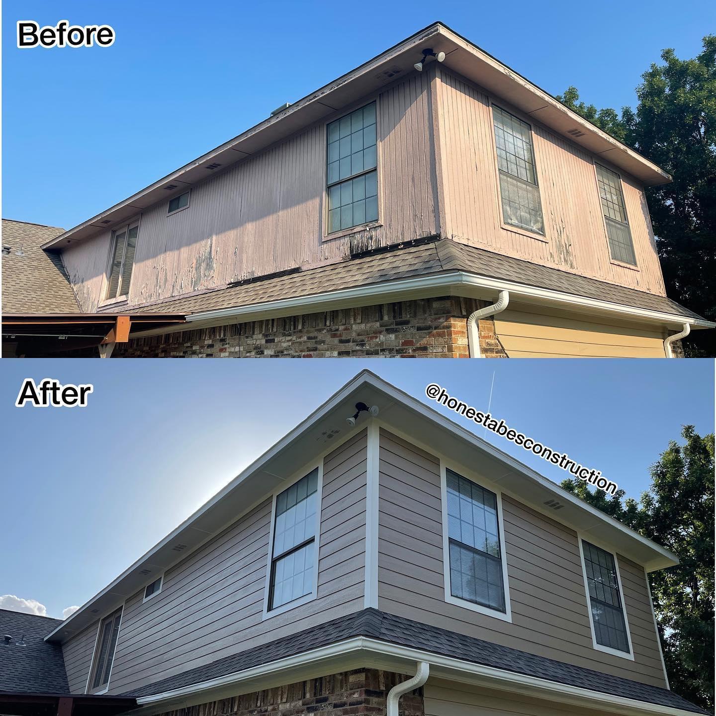 A before and after picture of a house with siding