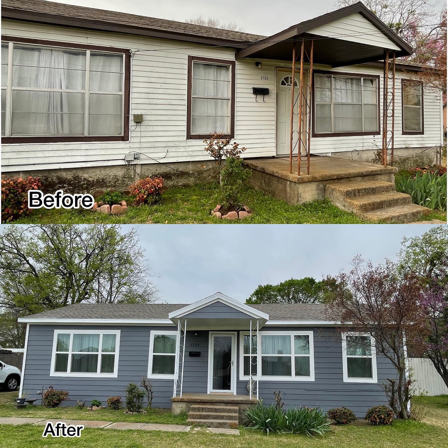A before and after picture of a house that has been painted gray.
