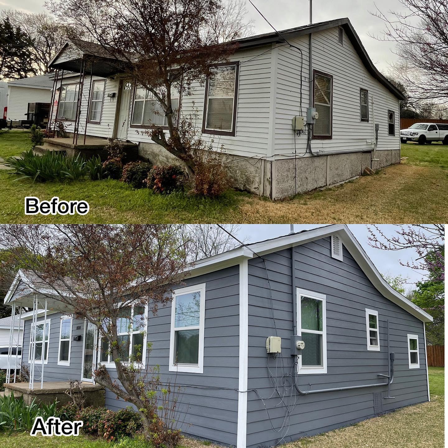 A before and after picture of a house that has been painted gray.