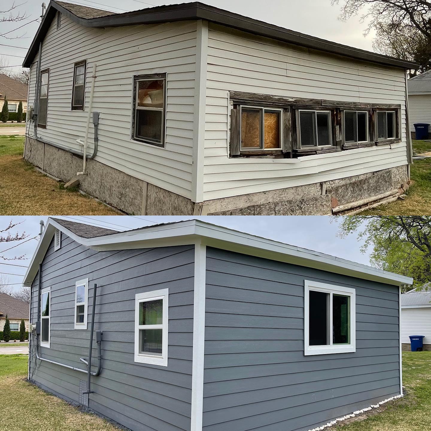 A before and after picture of a house that has been painted gray.