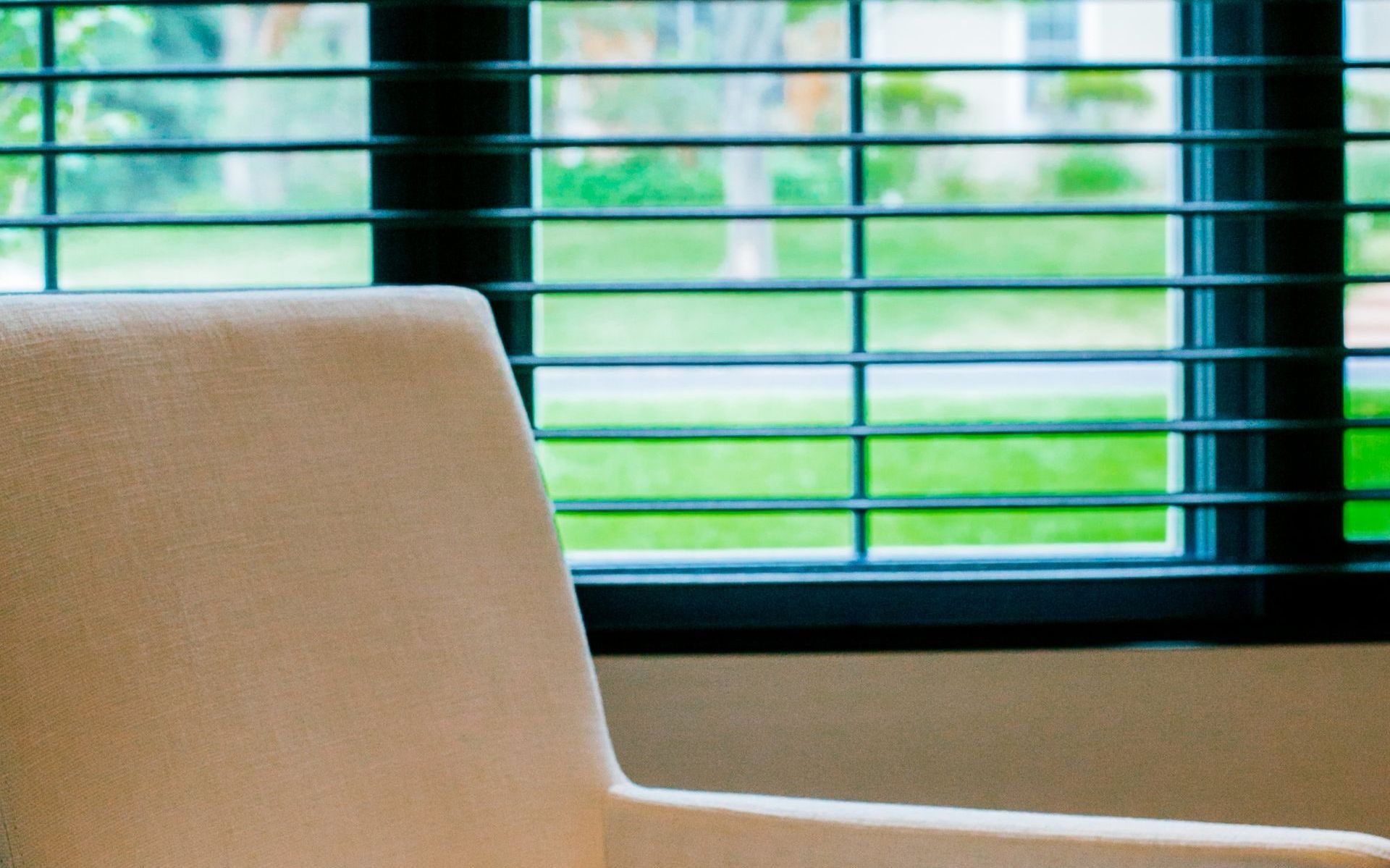 Light Blue Metal Blinds design in white living room