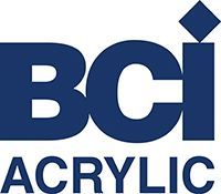 The logo for bci acrylic is blue and white.