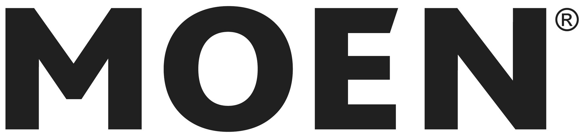 A black and white moen logo on a white background